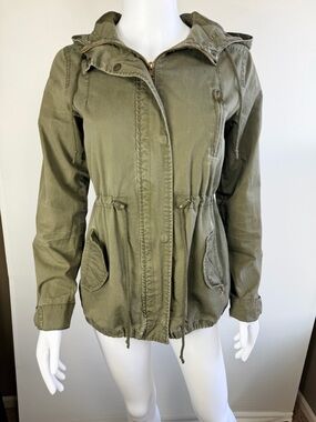 Ambiance Olive Green Utility Jacket S Drawstring Hooded Anorak Military Style